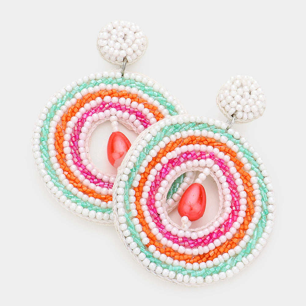 Madeline Love White Faux Leather Back Pearl Centered Beaded Open Circle Dangle Earrings