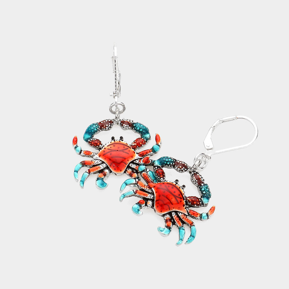Multi, Silver Metal Lacquered Crab Dangle Earrings