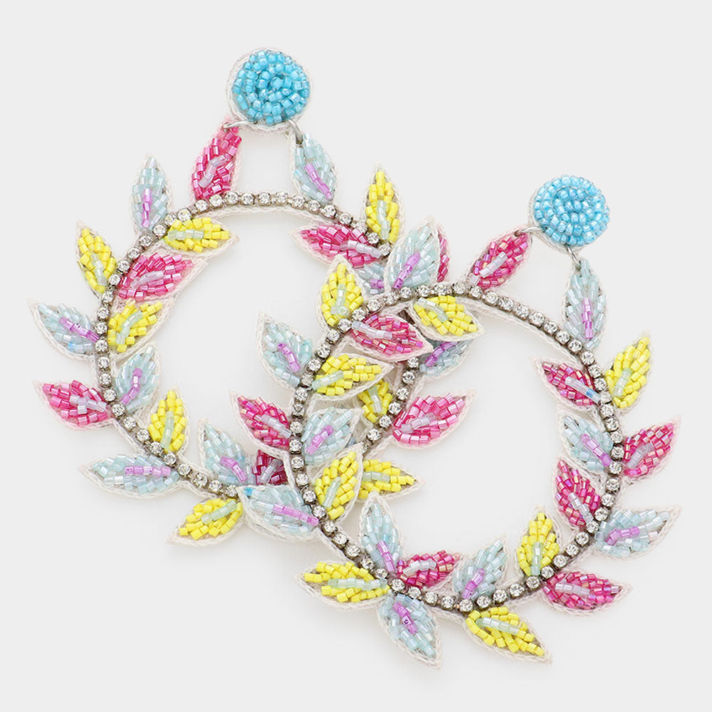 Madeline Love Turquoise Faux Leather Back Beaded Leaf Cluster Open Circle Dangle Earrings