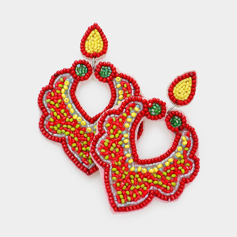 Madeline Love Red Faux Leather Back Seed Beaded Petal Dangle Earrings