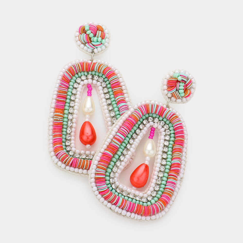 Madeline Love Coral Faux Leather Back Pearl Pointed Heishi Beaded Dangle Earrings
