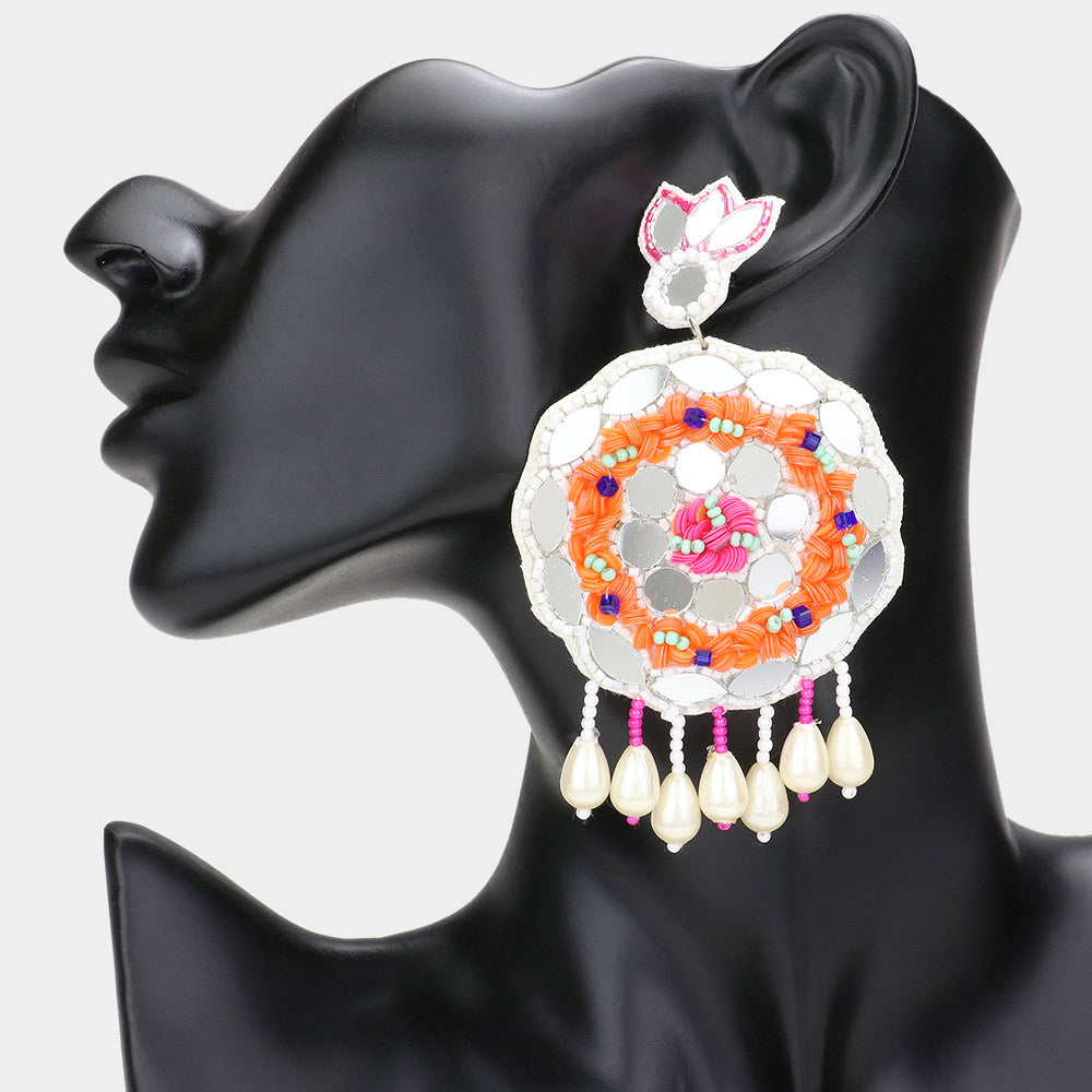 Madeline Love White Faux Leather Back Mirror Boho Sequin Seed Beaded Pearl Dangle Earrings
