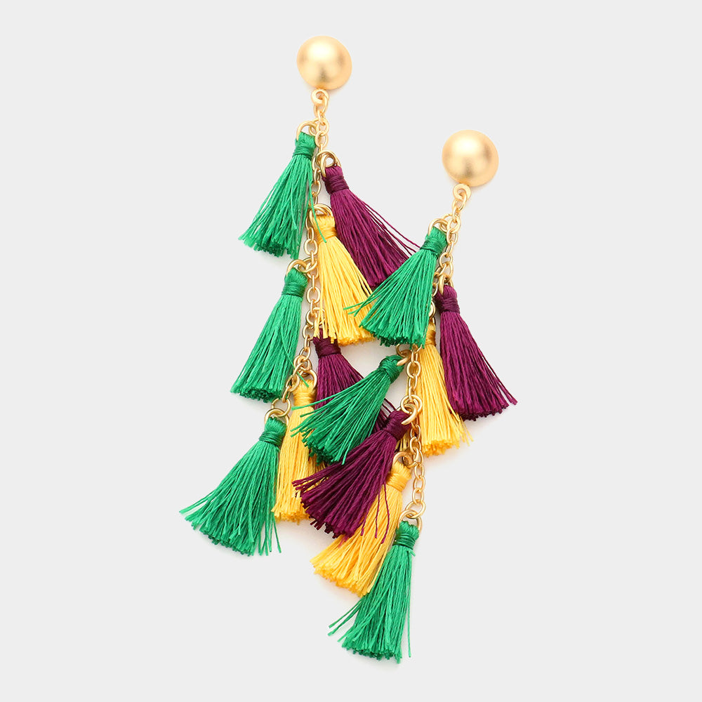 Multi Mardi Gras Tassel Cluster Vine Dangle Earrings