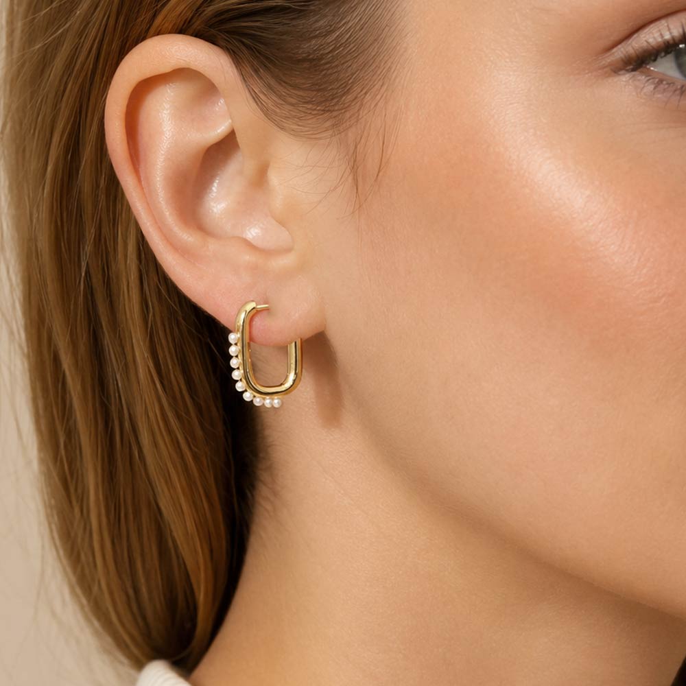 Madeline Love Cream, Gold 18K Gold Dipped Pearl Oval Small Huggie Hoop Earrings