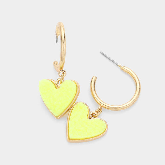 Metal Half Hoop Druzy Heart Dangle Earrings