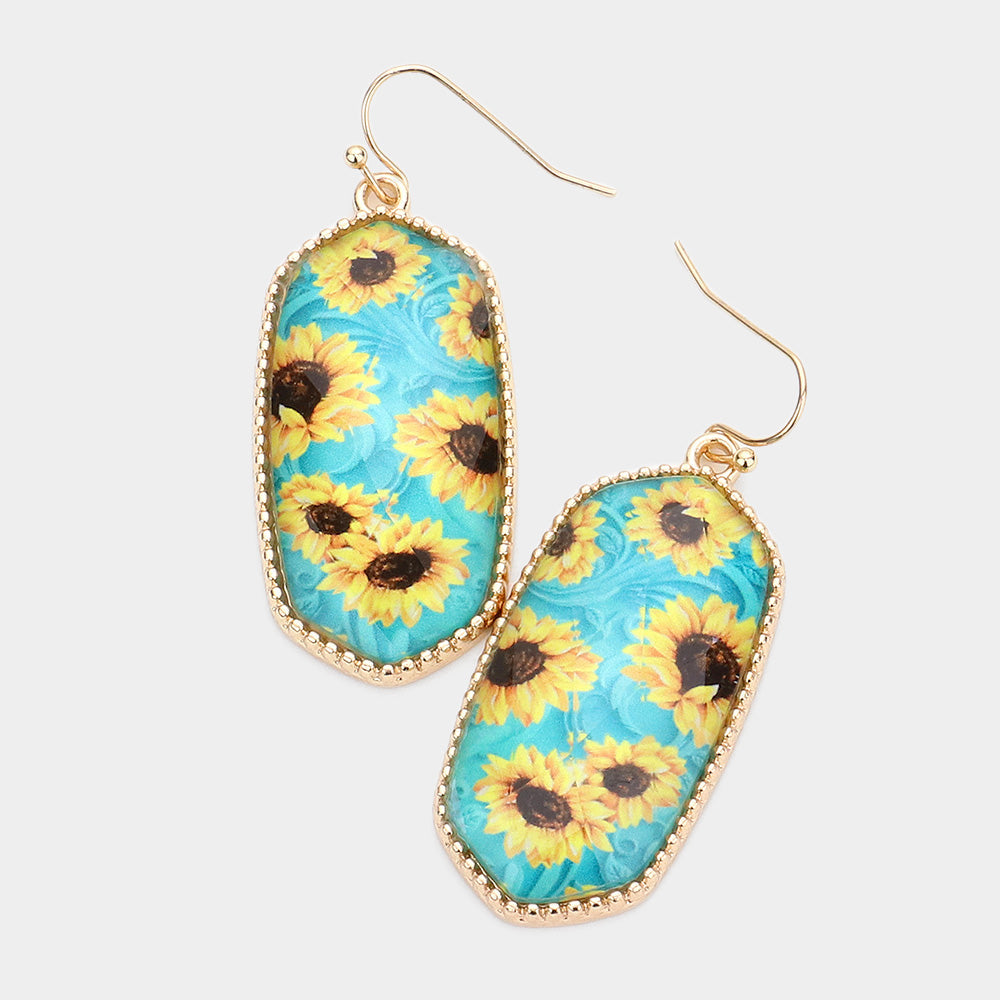 Madeline Love Turquoise Sunflower Printed Hexagon Dangle Earrings
