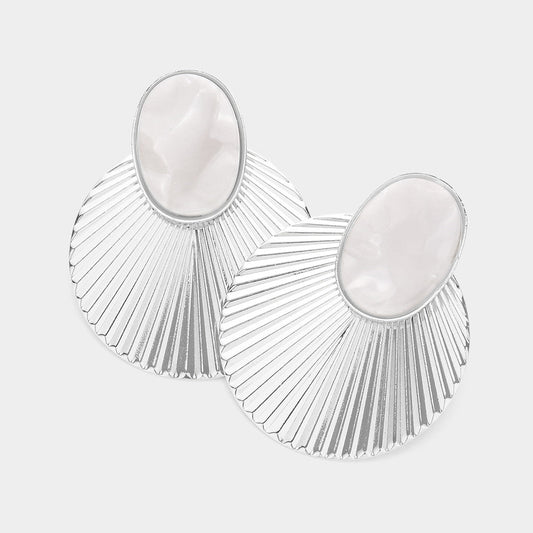 Madeline Love Cream, Silver Oval Marble Resin Pointed Metal Shell Earrings