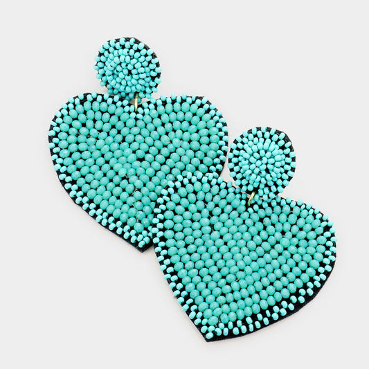 Felt Back Beaded Heart Dangle Earrings - Turquoise - Earrings