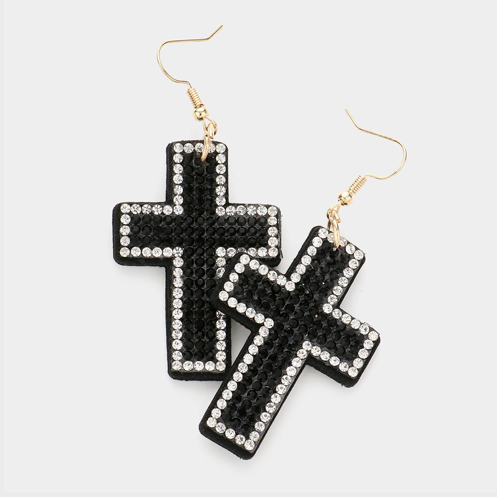 Madeline Love Black, Gold Felt Back Bling Cross Dangle Earrings