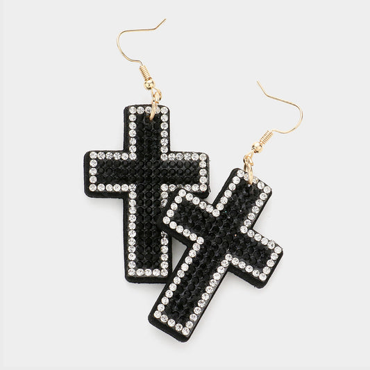 Madeline Love Black, Gold Felt Back Bling Cross Dangle Earrings