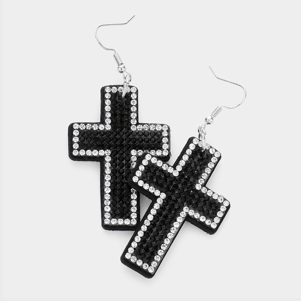 Madeline Love Black, Silver Felt Back Bling Cross Dangle Earrings