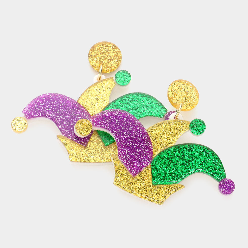 Multi Mardi Gras Glittered Resin Hat Dangle Earrings