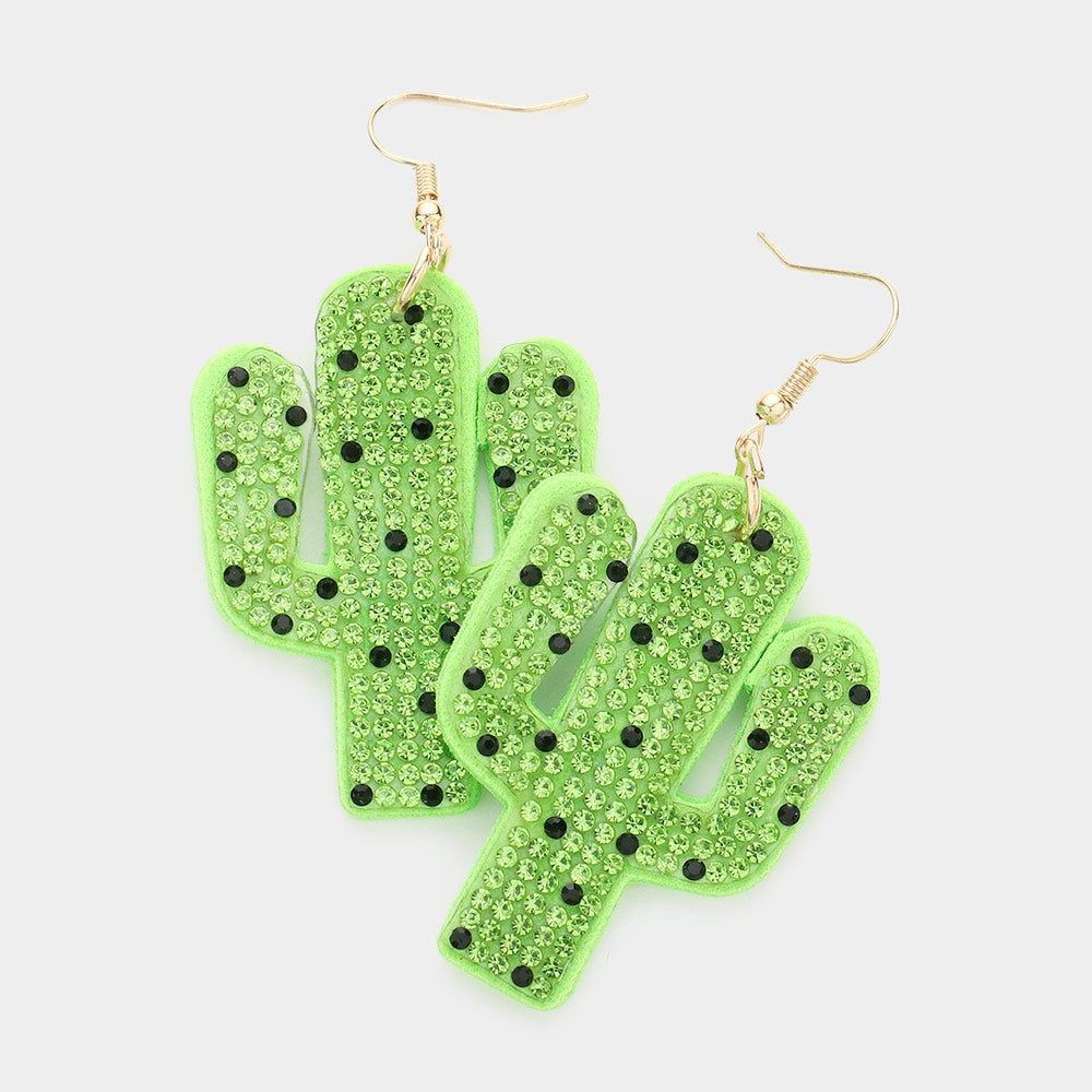 Madeline Love Gold, Green Felt Back Bling Cactus Dangle Earrings