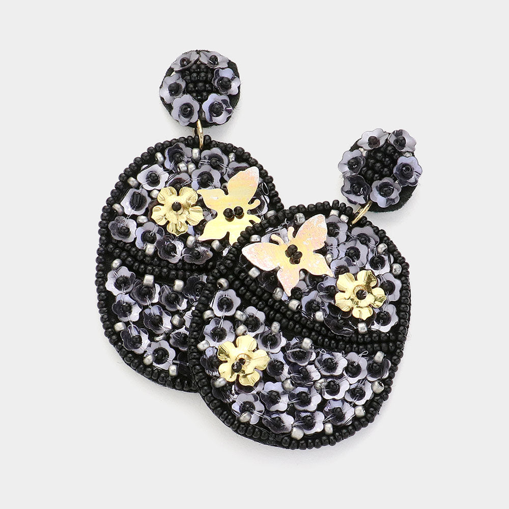 Madeline Love Black Felt Back Flower Butterfly Accented Dangle Earrings