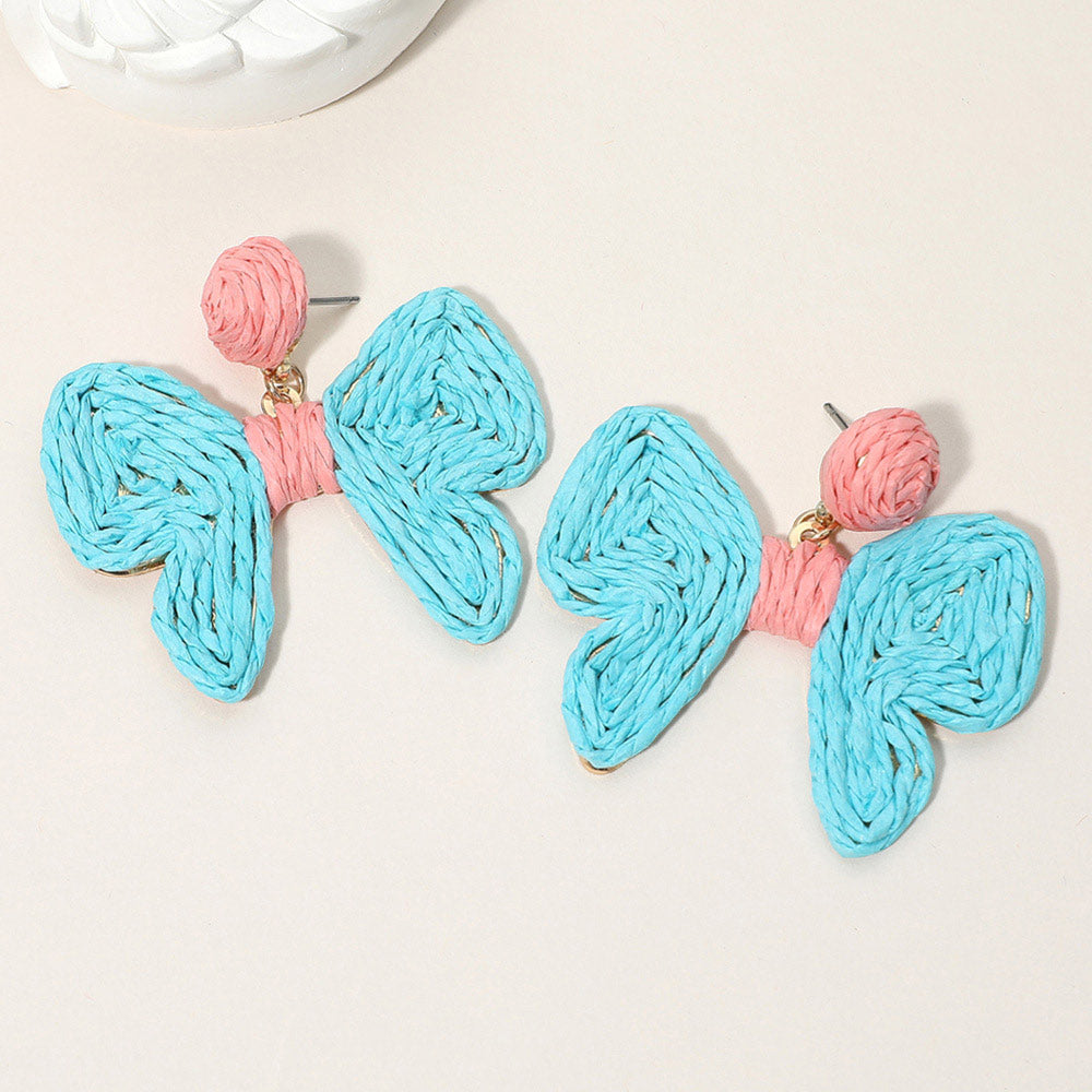 Madeline Love Light Blue Twisted Raffia Bow Dangle Earrings