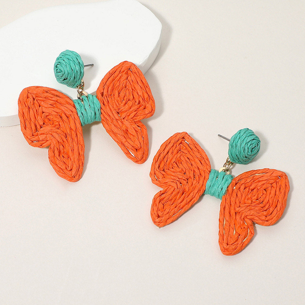 Madeline Love Orange Twisted Raffia Bow Dangle Earrings