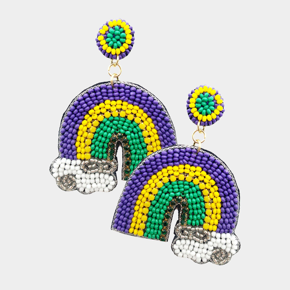 Multi Mardi Gras Felt Back Seed Beaded Rainbow Dangle Earrings