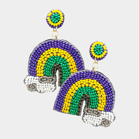 Multi Mardi Gras Felt Back Seed Beaded Rainbow Dangle Earrings