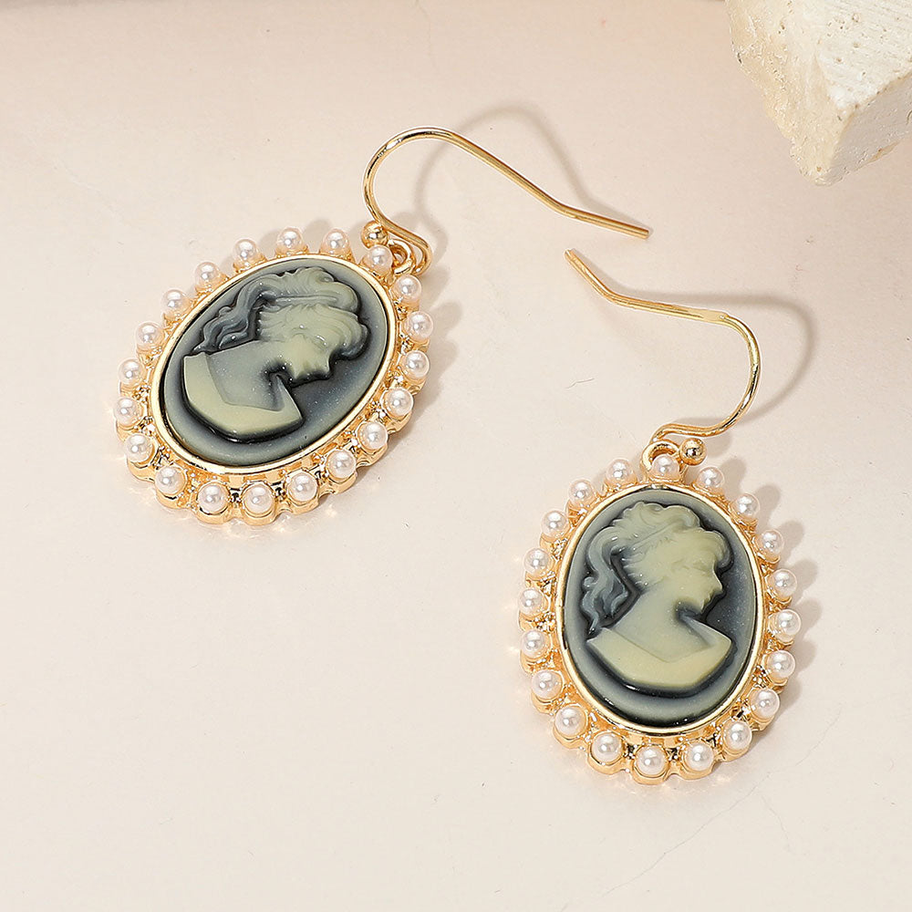 Madeline Love Black, Gold Pearl Rim Vintage Cameo Drop Dangle Earrings