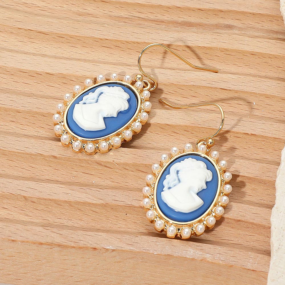 Madeline Love Blue, Gold Pearl Rim Vintage Cameo Drop Dangle Earrings