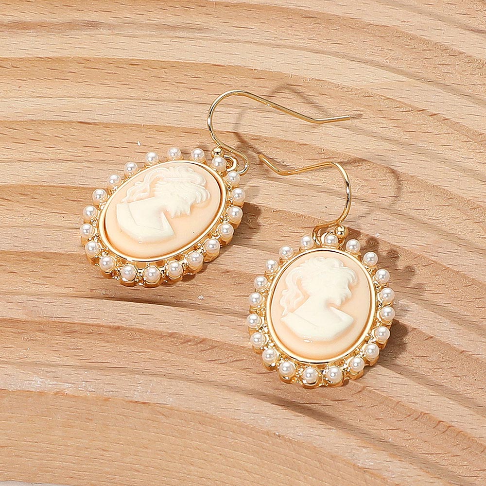 Madeline Love Cream, Gold Pearl Rim Vintage Cameo Drop Dangle Earrings