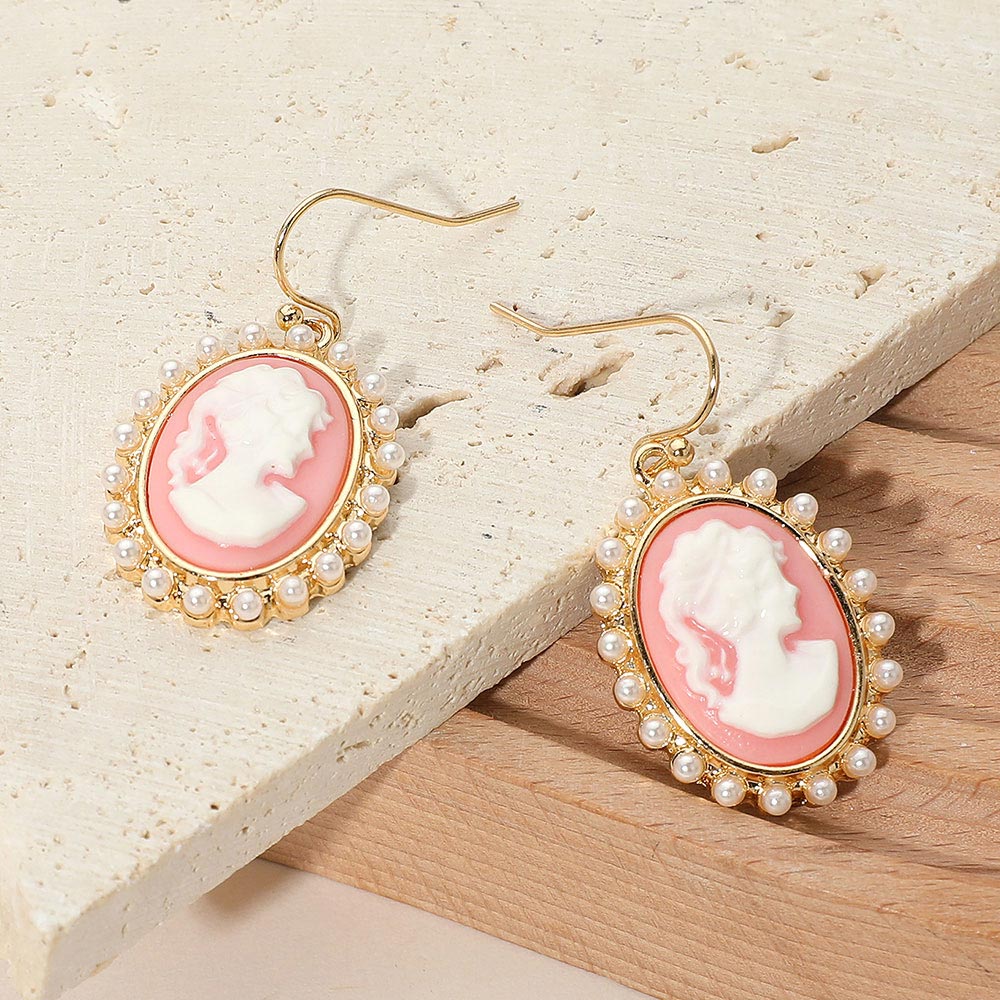 Madeline Love Gold, Pink Pearl Rim Vintage Cameo Drop Dangle Earrings