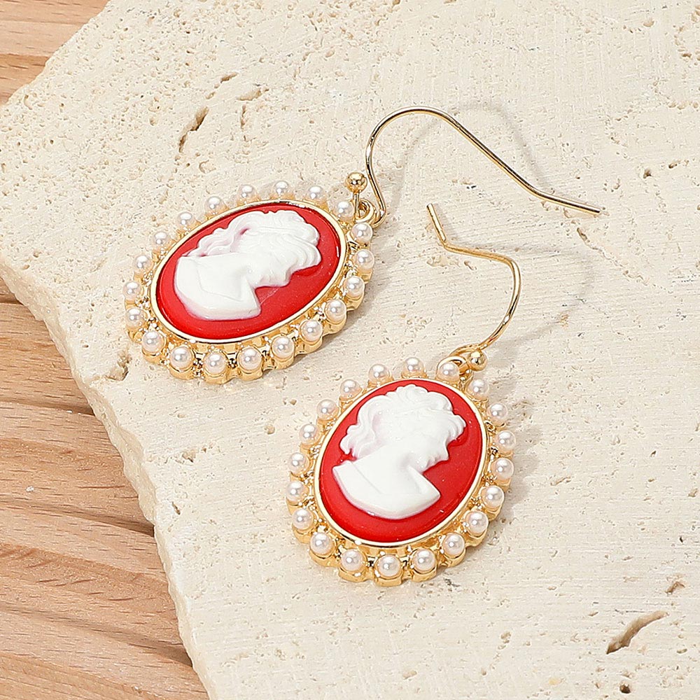 Madeline Love Gold, Red Pearl Rim Vintage Cameo Drop Dangle Earrings