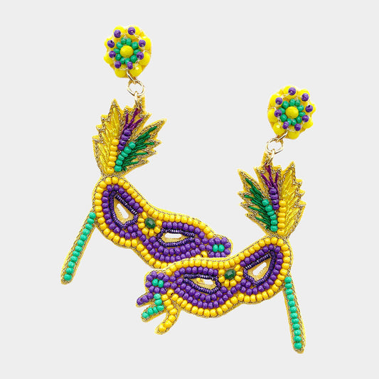 Multi Mardi Gras Felt Back Seed Beaded Party Mask Dangle Earrings