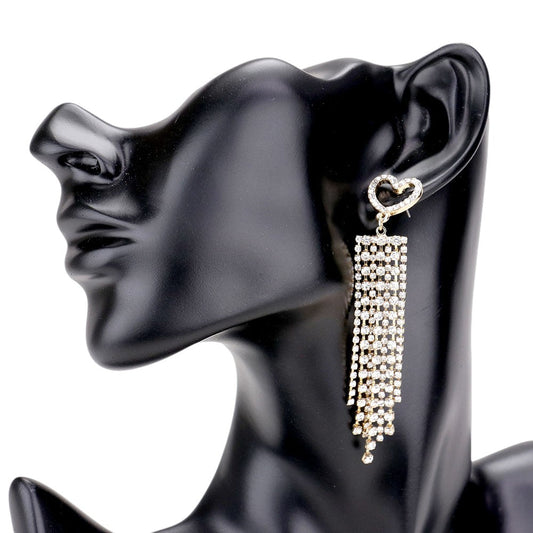 Gold Heart Accented Rhinestone Fringe Earrings, put on a pop of color to complete your ensemble. Beautifully crafted design adds a gorgeous glow to outfit. Perfect for adding just the right amount of shimmer & shine. Perfect for Birthday Gift, Anniversary Gift, Mother's Day Gift, Graduation Gift, Valentine's Day Gift.