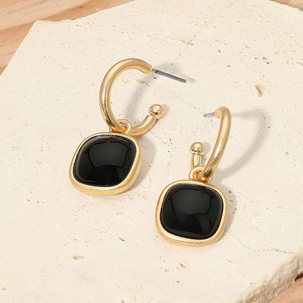 Madeline Love Black, Worn Gold Square Stone Drop Hoop Earrings
