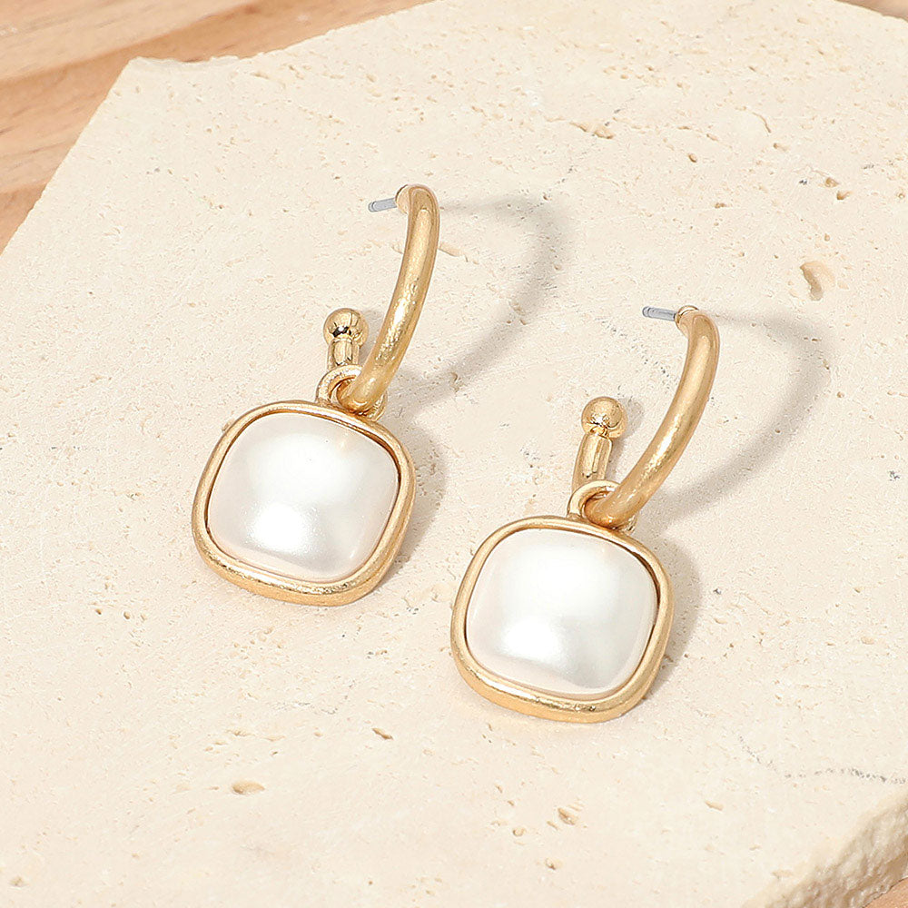 Madeline Love Cream, Worn Gold Square Pearl Drop Hoop Earrings