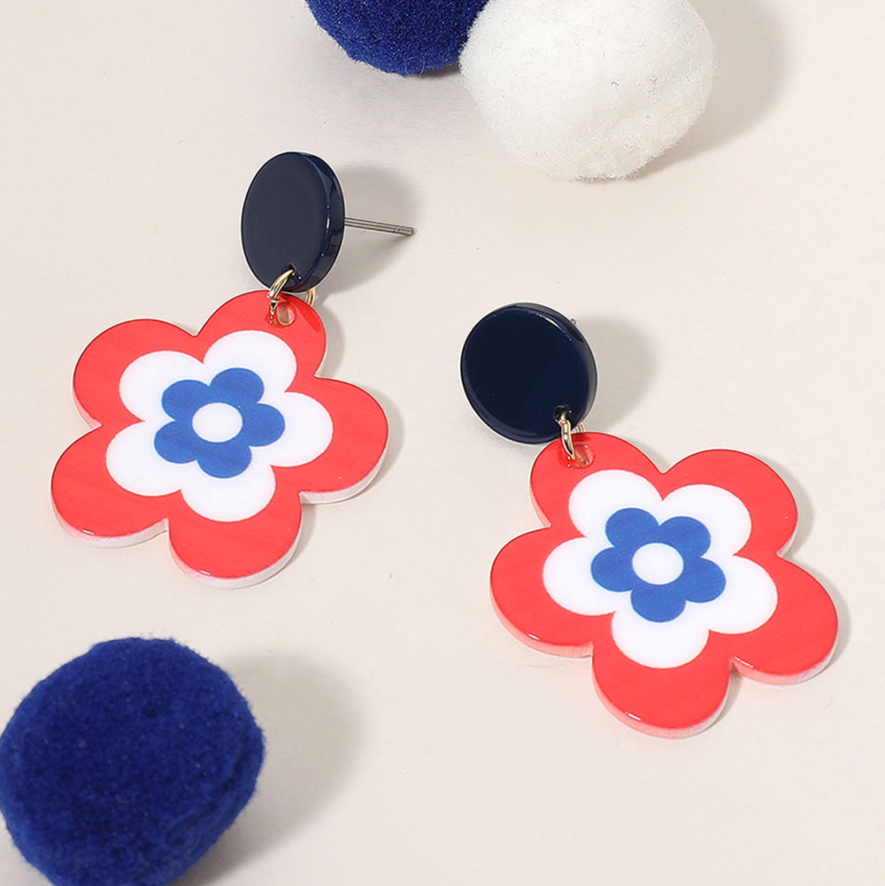 Madeline Love Gold, Multi American USA Flag Colored Resin Flower Dangle Earrings