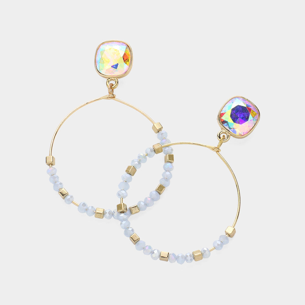 Madeline Love Blue Square Glass Stone Pointed Faceted Beaded Open Circle Dangle Earrings