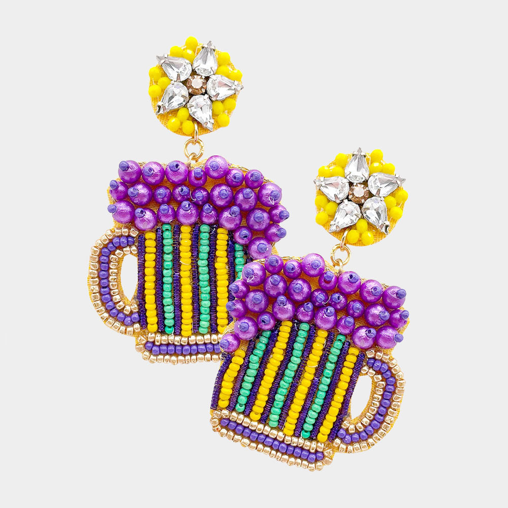 Multi Mardi Gras Felt Back Pearl Multi Beaded Beer Dangle Earrings