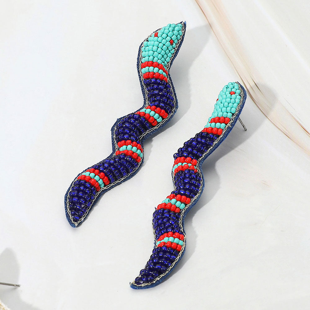 Madeline Love Blue Felt Back Seed Beaded Snake Earrings