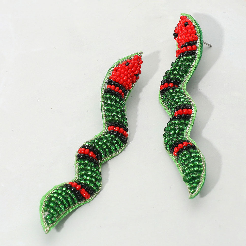 Madeline Love Green Felt Back Seed Beaded Snake Earrings