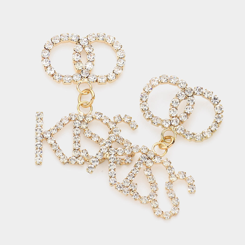 Madeline Love Gold KISS Rhinestone Embellished Message Dangle Earrings