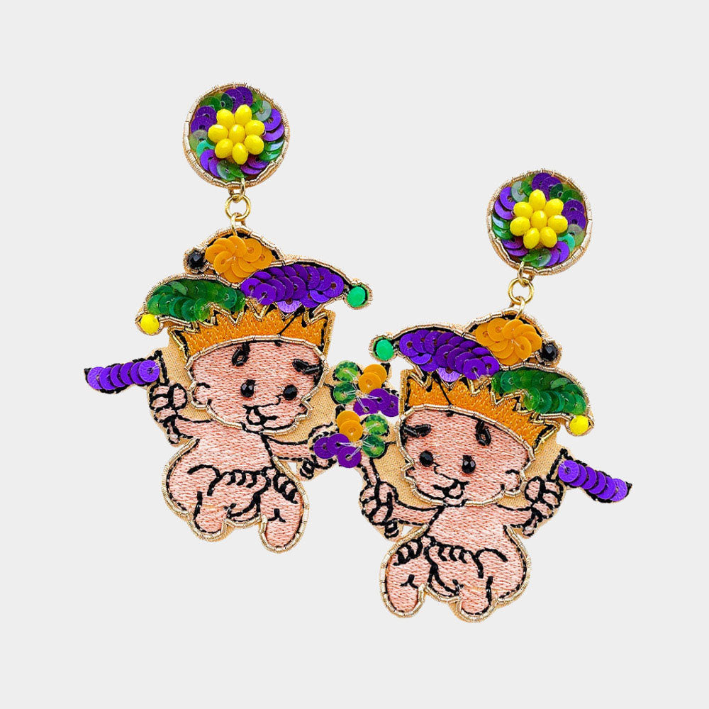 Multi Mardi Gras Felt Back Sequin Angel Dangle Earrings