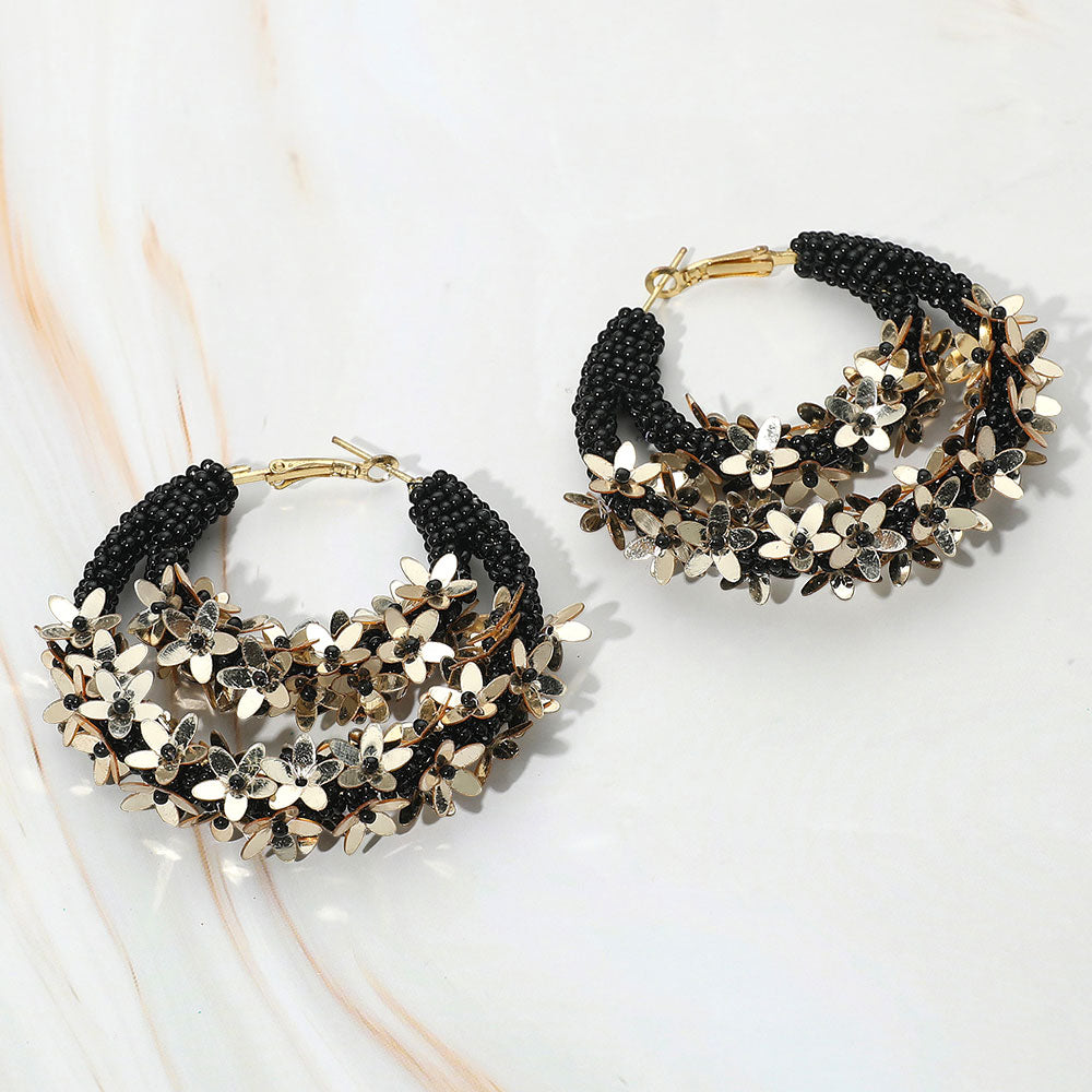 Madeline Love Black, Gold Flower Cluster Accented Seed Beaded Hoop Earrings