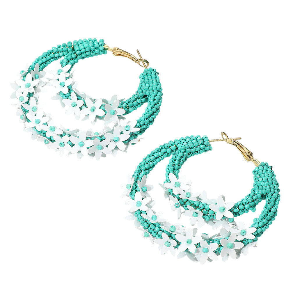 Madeline Love Turquoise, White Flower Cluster Accented Seed Beaded Hoop Earrings - desc