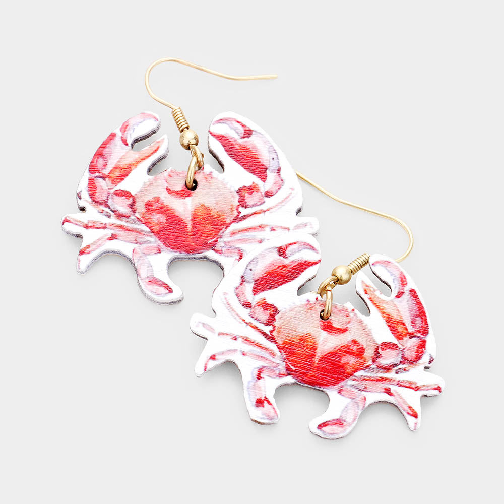 Red, Worn Gold Watercolor Crab Print Wood Dangle Earrings