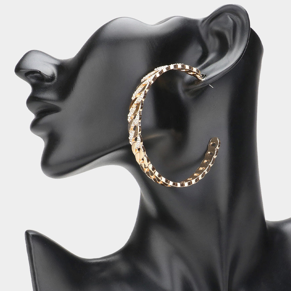Madeline Love Gold Stone Paved Metal Chain Shaped Hoop Earrings