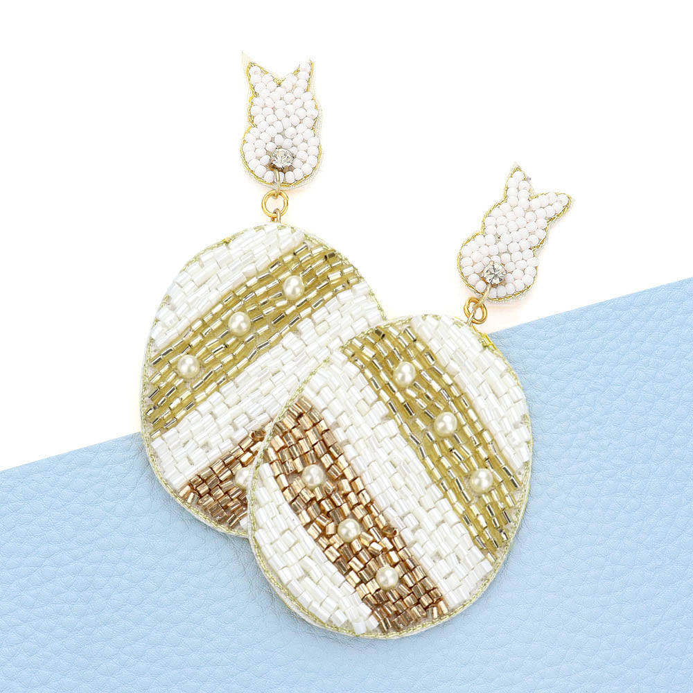Madeline Love Ivory Felt Back Beaded Easter Bunny Egg Link Dangle Earrings