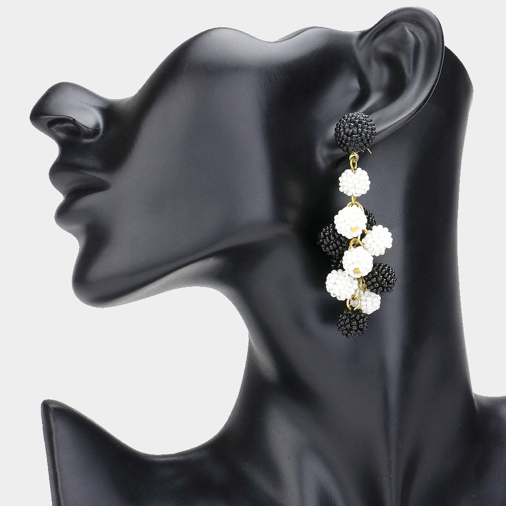 Madeline Love Black, White Seed Beaded Ball Cluster Vine Dangle Earrings