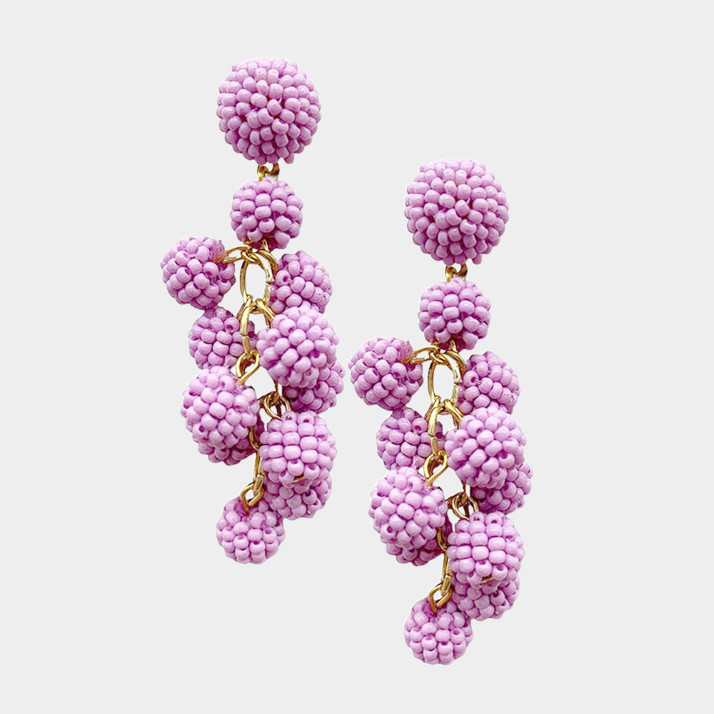 Madeline Love Lavender Seed Beaded Ball Cluster Vine Dangle Earrings - desc