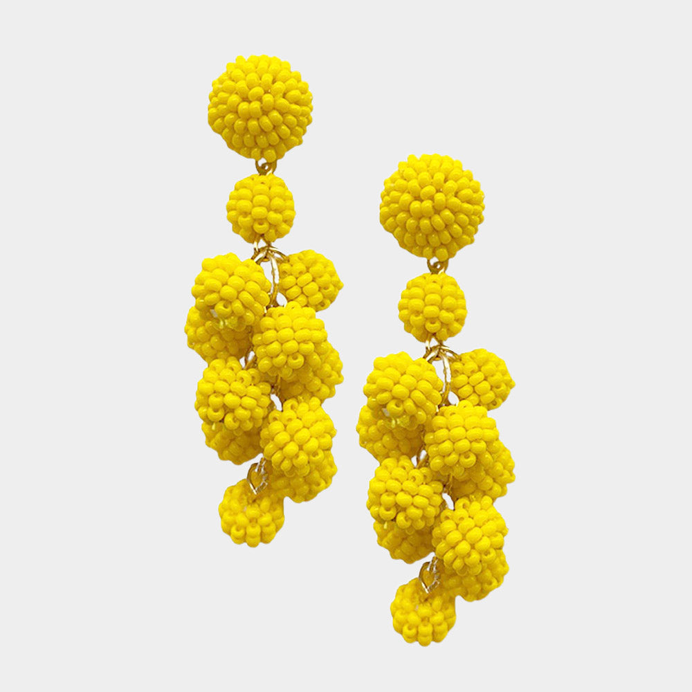 Madeline Love Yellow Seed Beaded Ball Cluster Vine Dangle Earrings - desc