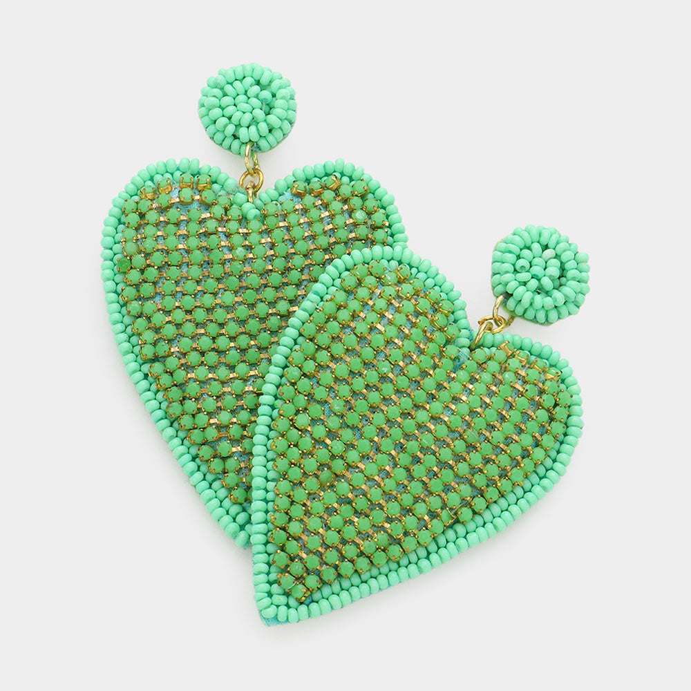 Felt Back Rhinestone Seed Beaded Heart Dangle Earrings - Mint - Earrings