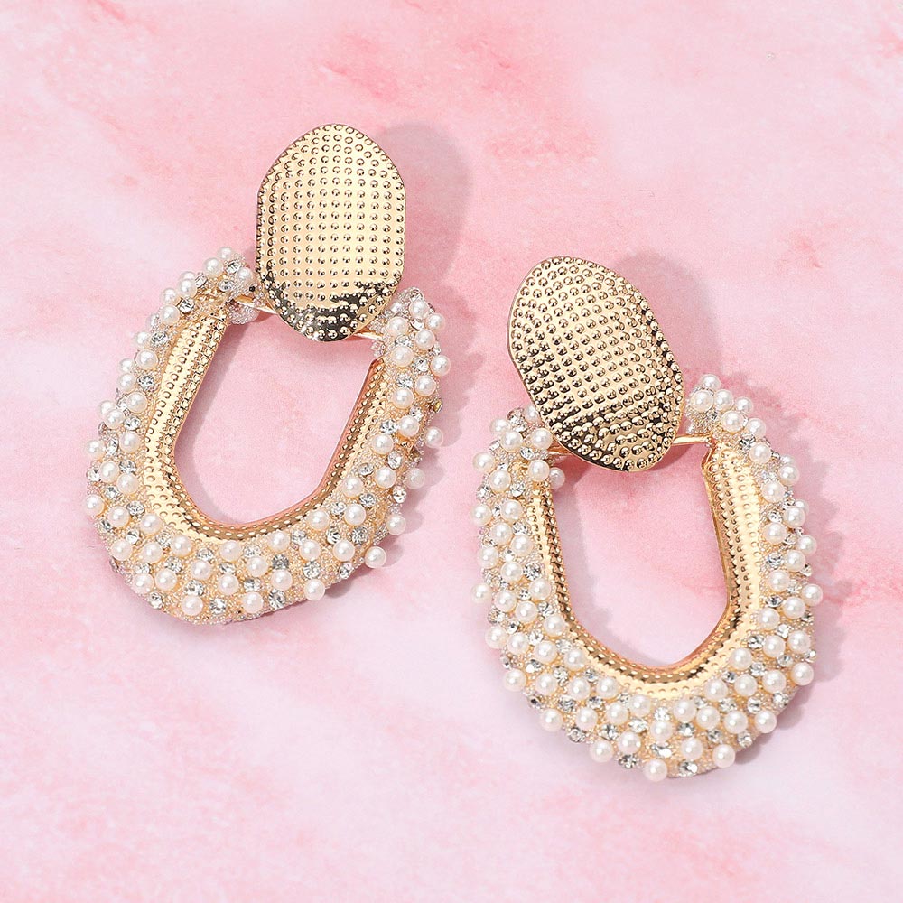 Madeline Love Gold Textured Metal Pearl Embellished Geometric Ring Door Knocker Earrings