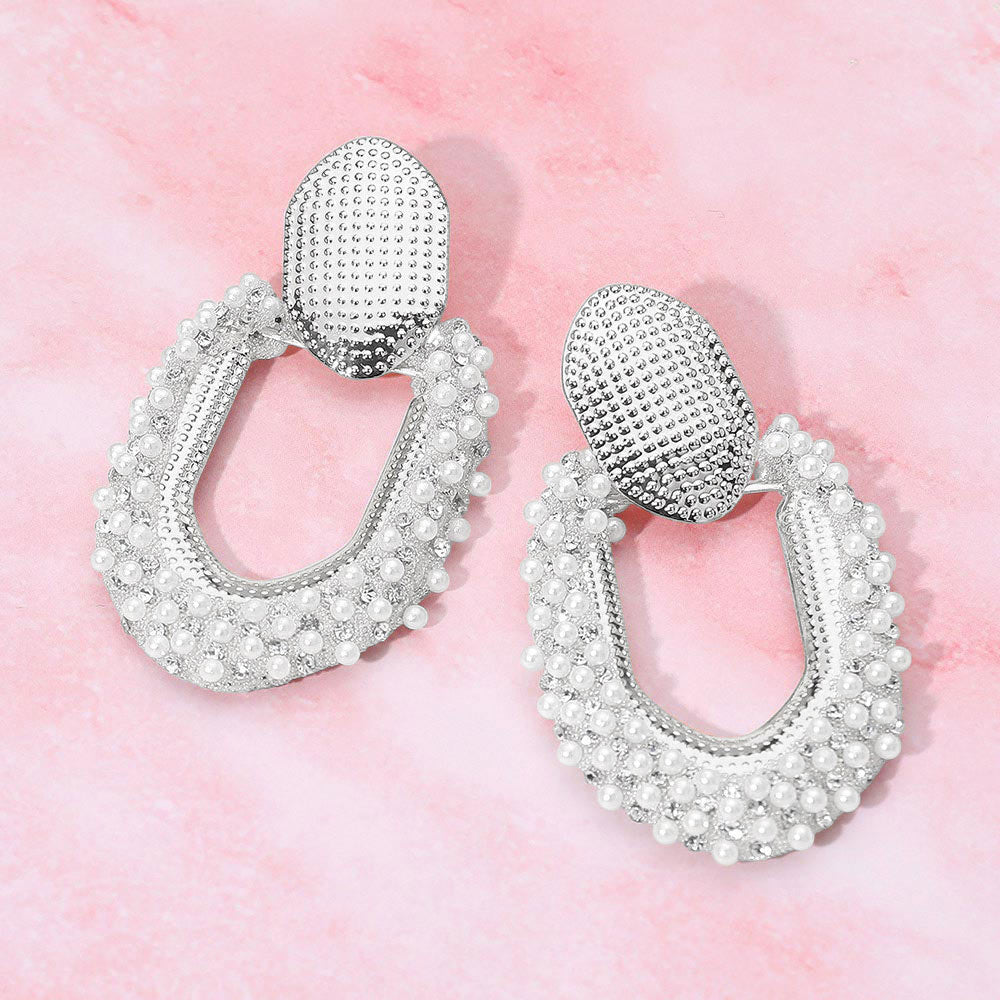 Madeline Love Rhodium Textured Metal Pearl Embellished Geometric Ring Door Knocker Earrings