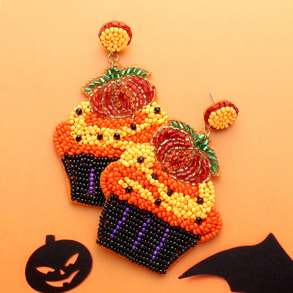 Madeline Love Orange Felt Back Pumpkin Muffin Beaded Dangle Earrings